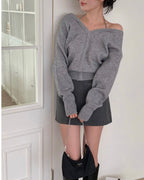 Halter V-Neck Knit Top