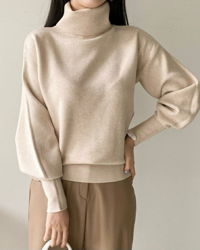 Puff Slaave Knitted Turtle-Neck