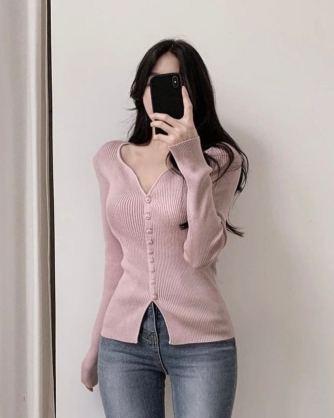 Heart-Neck Ribbed Knit Top