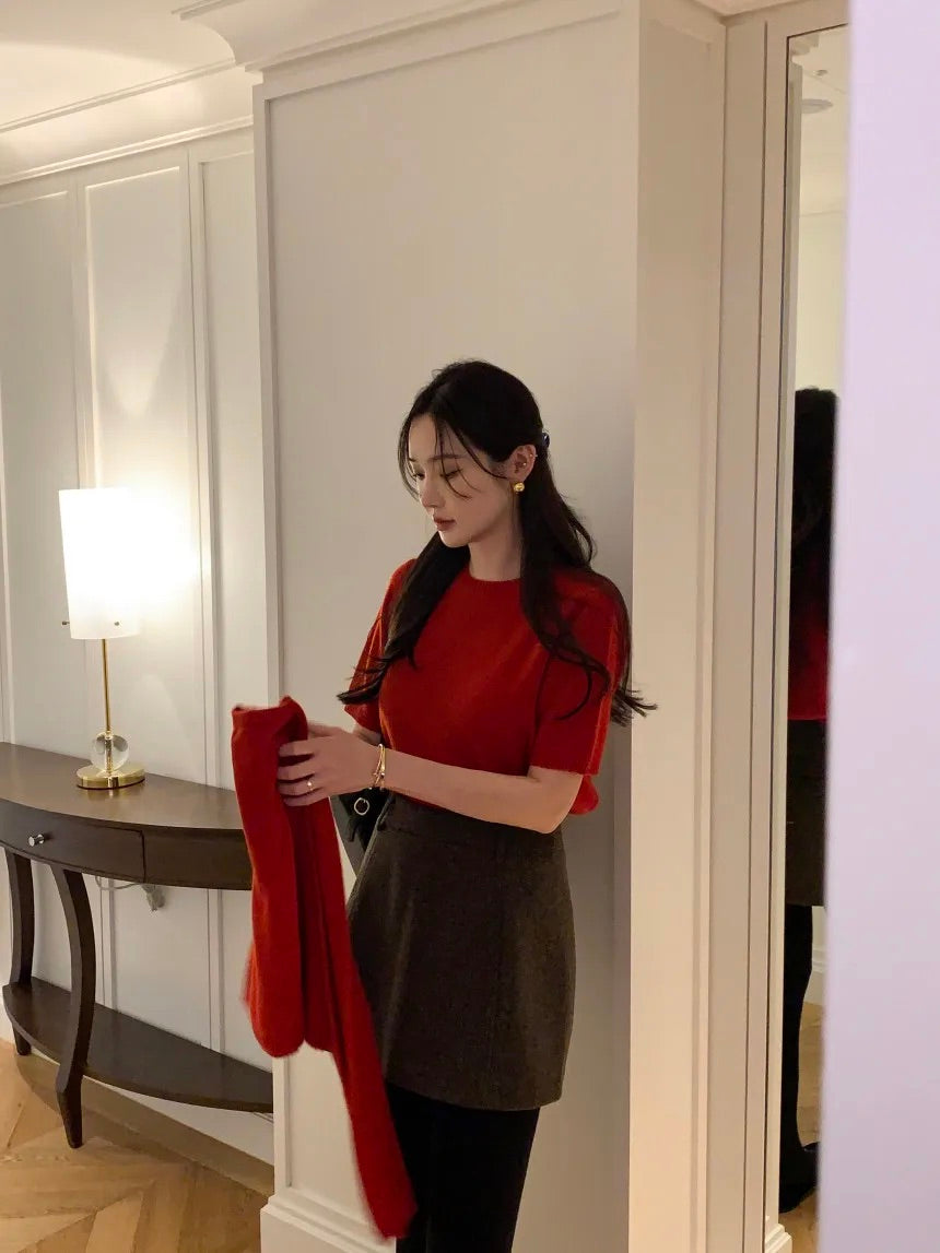 Knitted Short-Sleeves Cardigan Set