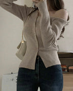 Oblique Buttons Ribbed Knit