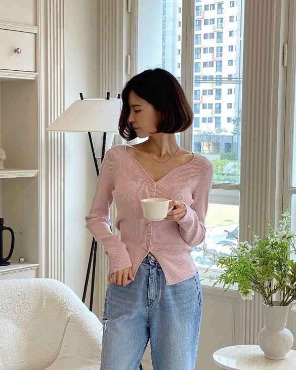 Heart-Neck Ribbed Knit Top