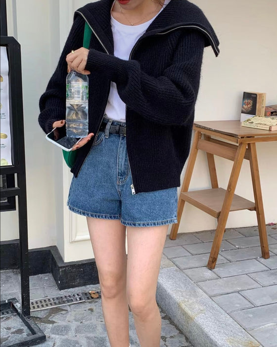 Sailor Collar Knitted Zip-Up