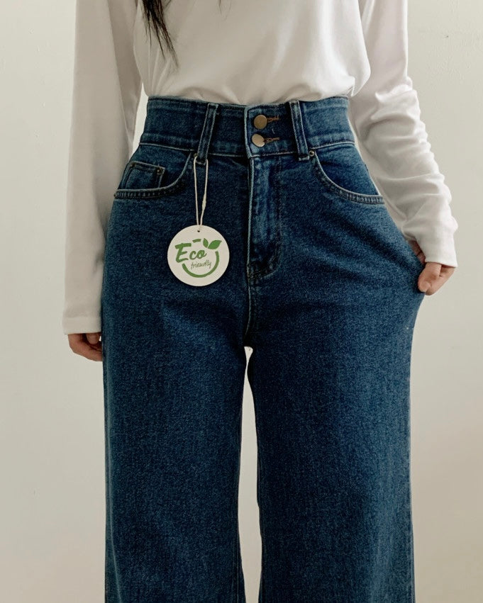 [S,M] Double Button Stretchy Wide denim Pants