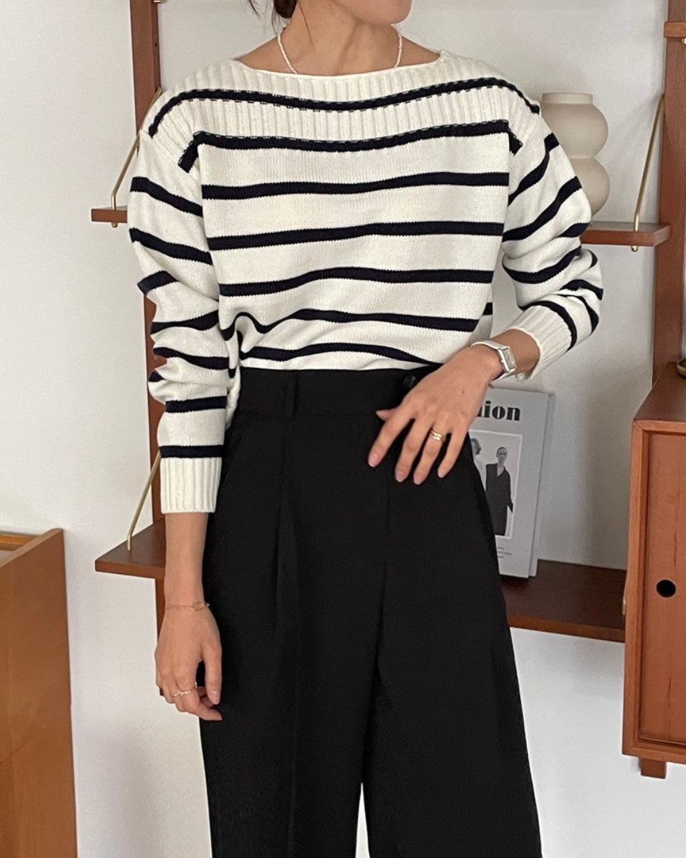 Striped Boat-neck Knit Top
