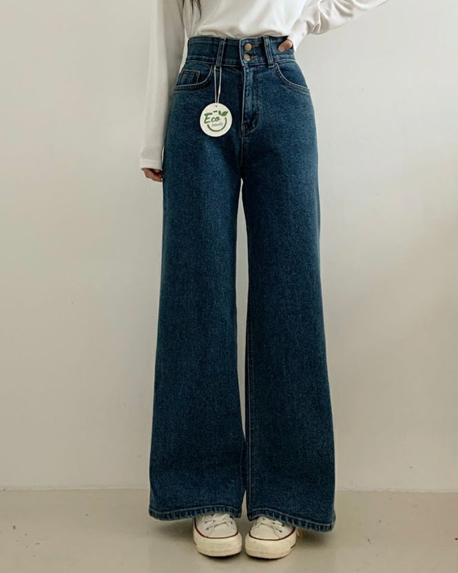 [S,M] Double Button Stretchy Wide denim Pants