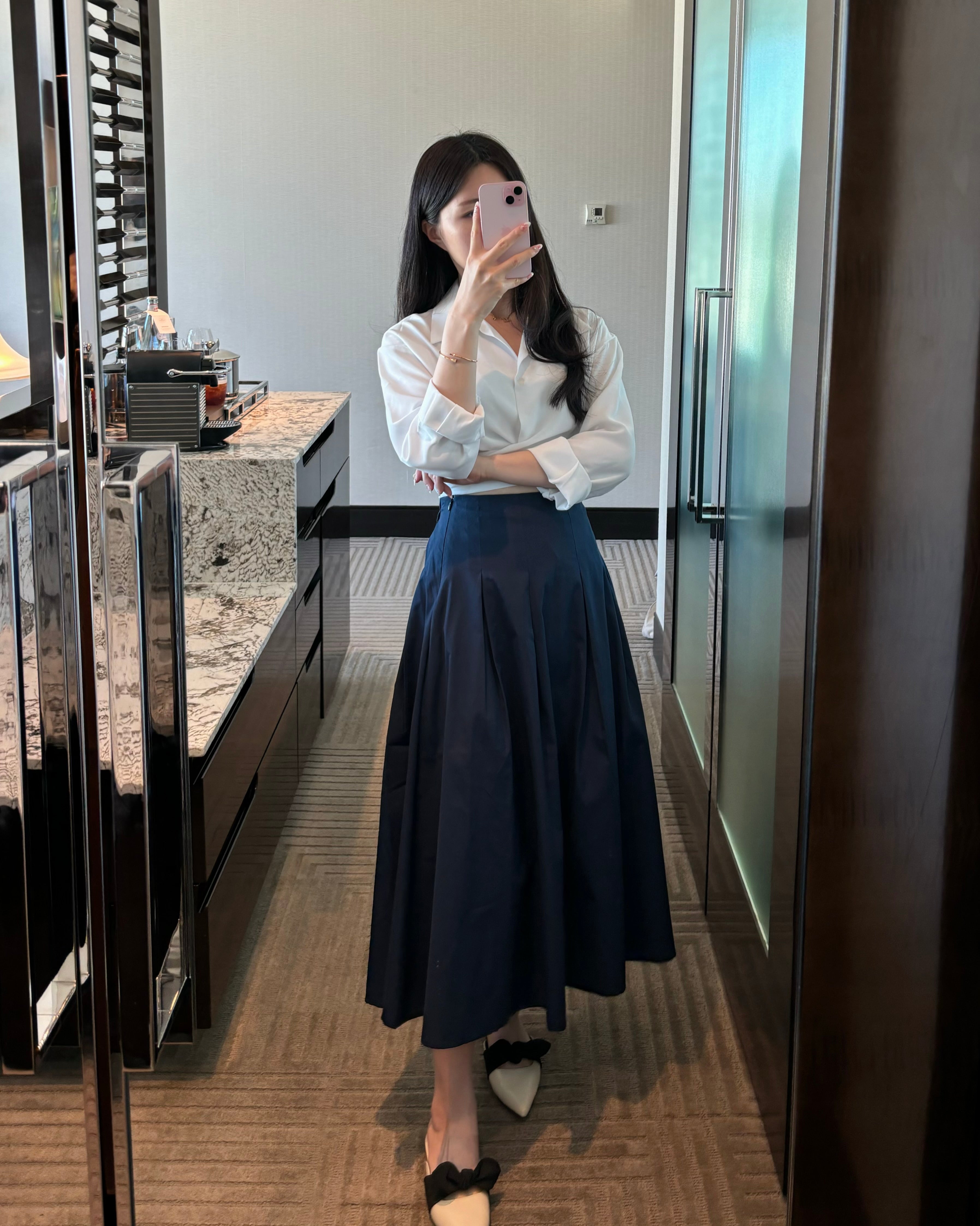 Navy Pleats Long Skirt