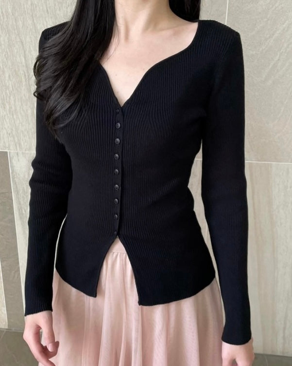 Heart-Neck Ribbed Knit Top