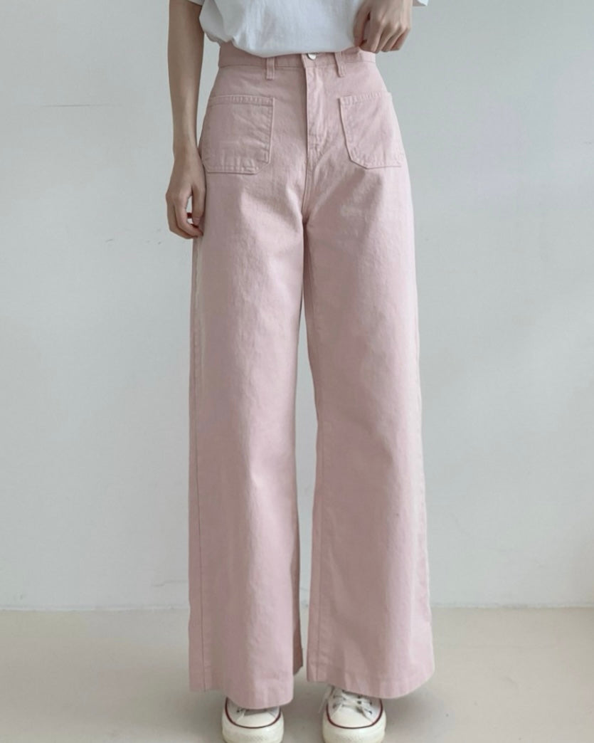 Pocket Back-Band Wide Cotton Pants