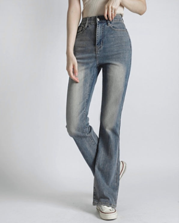 [Short/Long] Vintage Wash Stretchy Semi-Flared Jeans