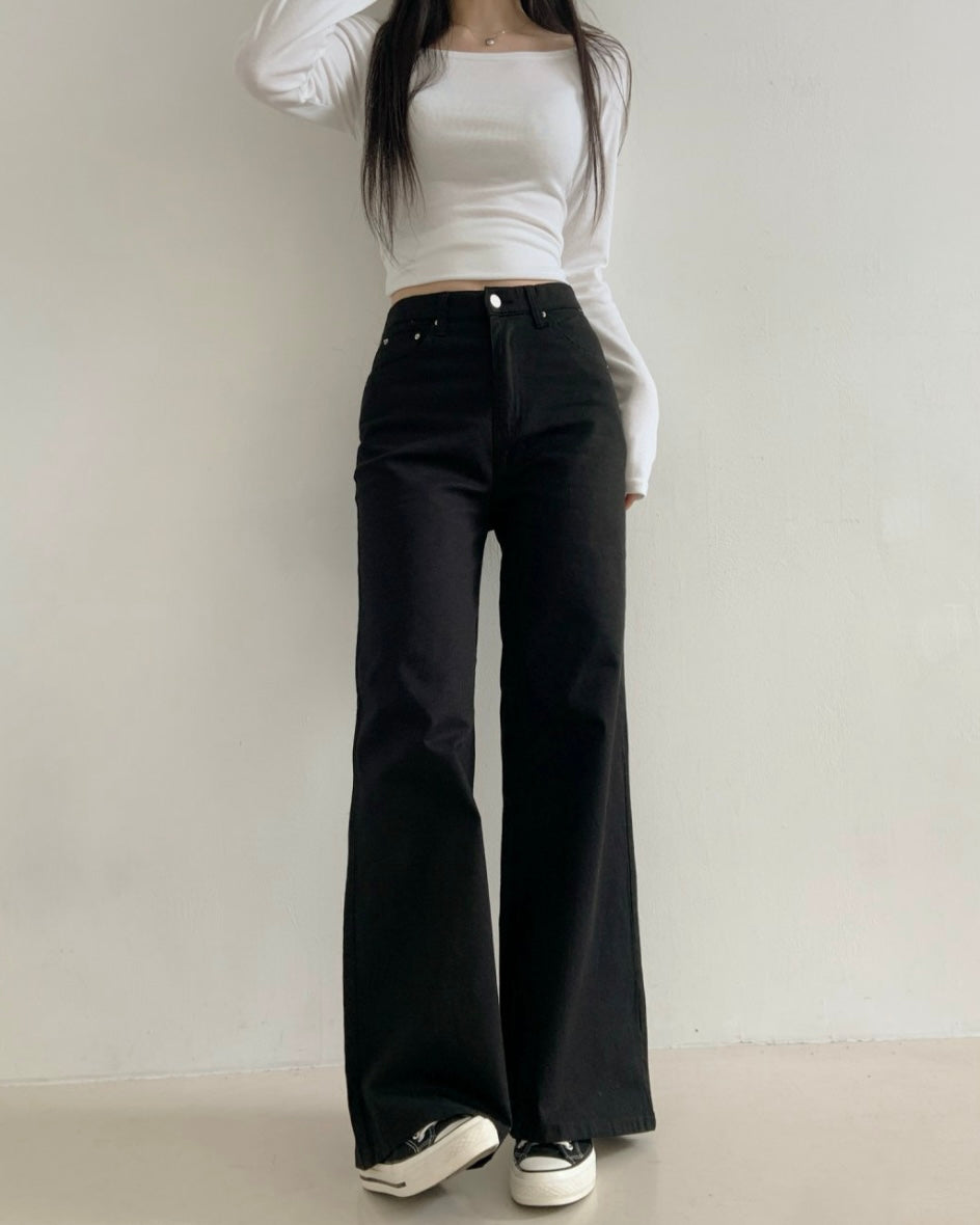 [S/M/L] Black High-Waist Stretchy Flared Cotton Pants