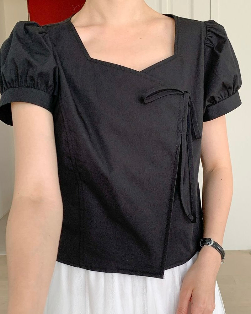 Heart-Neck Ribbon Cotton Blouse