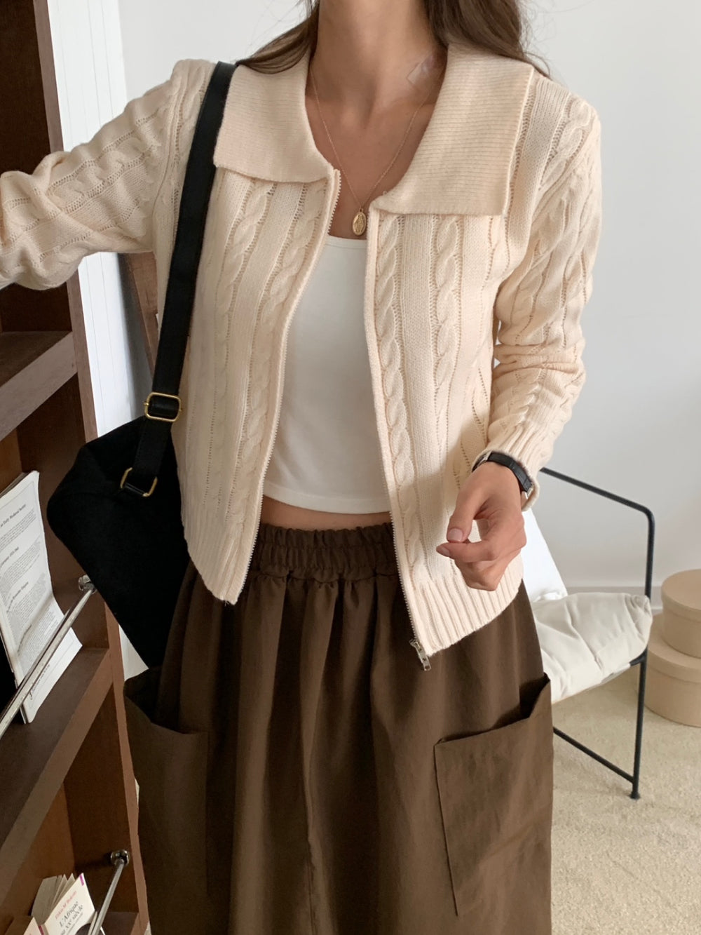 Cable Knit Zip-Up Cardigan