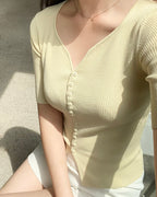 Heart-Neck Button Half-Sleeve Cardigan