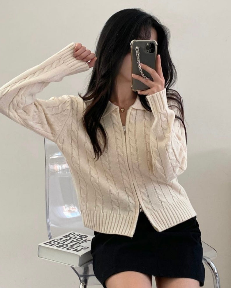 Cable Knit Zip-Up Cardigan