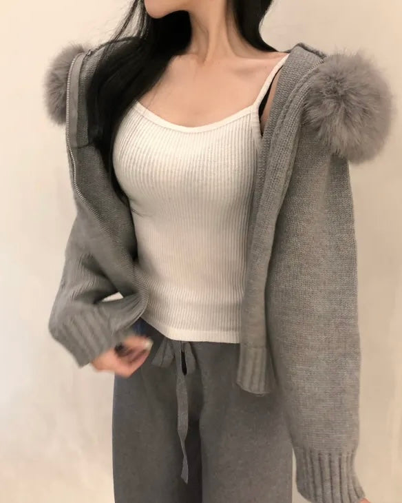 Fur Hoodie Knit Zip-Up