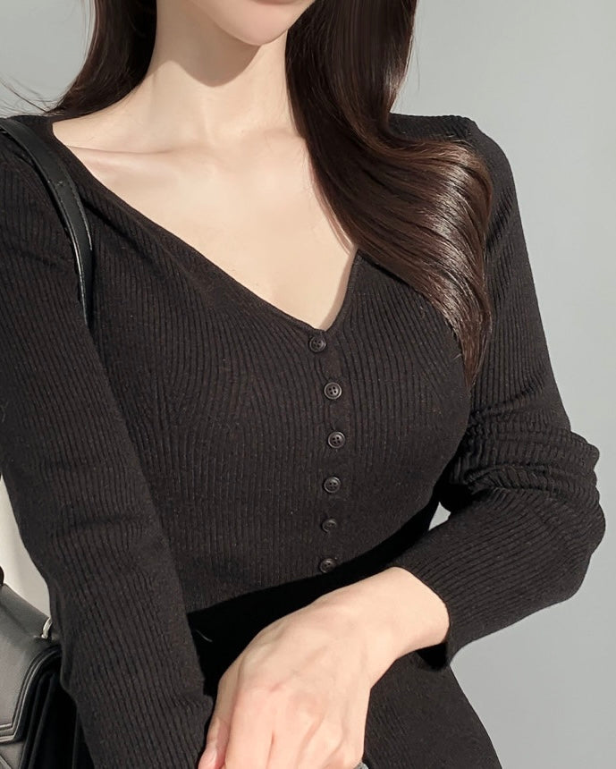 Heart-Neck Ribbed Knit Top