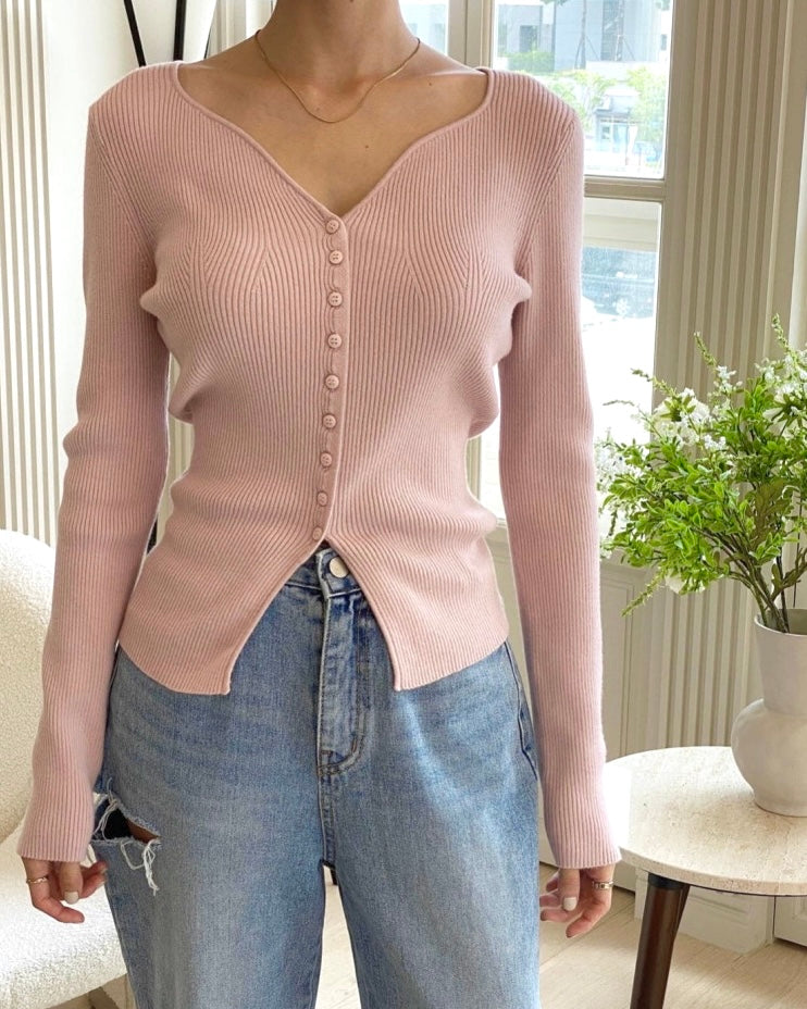 Heart-Neck Ribbed Knit Top