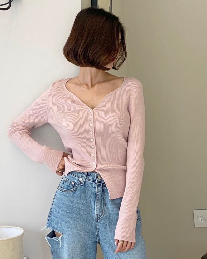 Heart-Neck Ribbed Knit Top