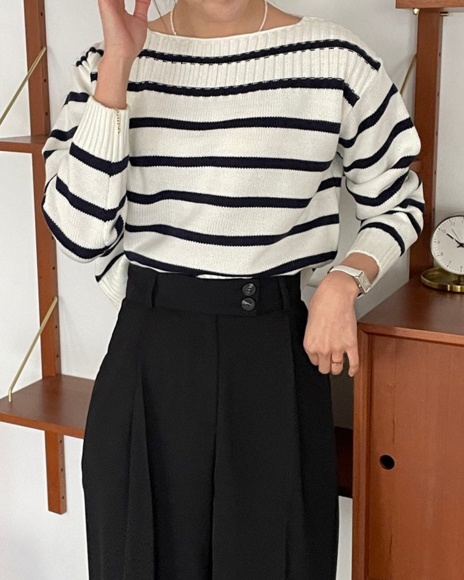 Striped Boat-neck Knit Top