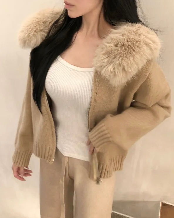 Fur Hoodie Knit Zip-Up