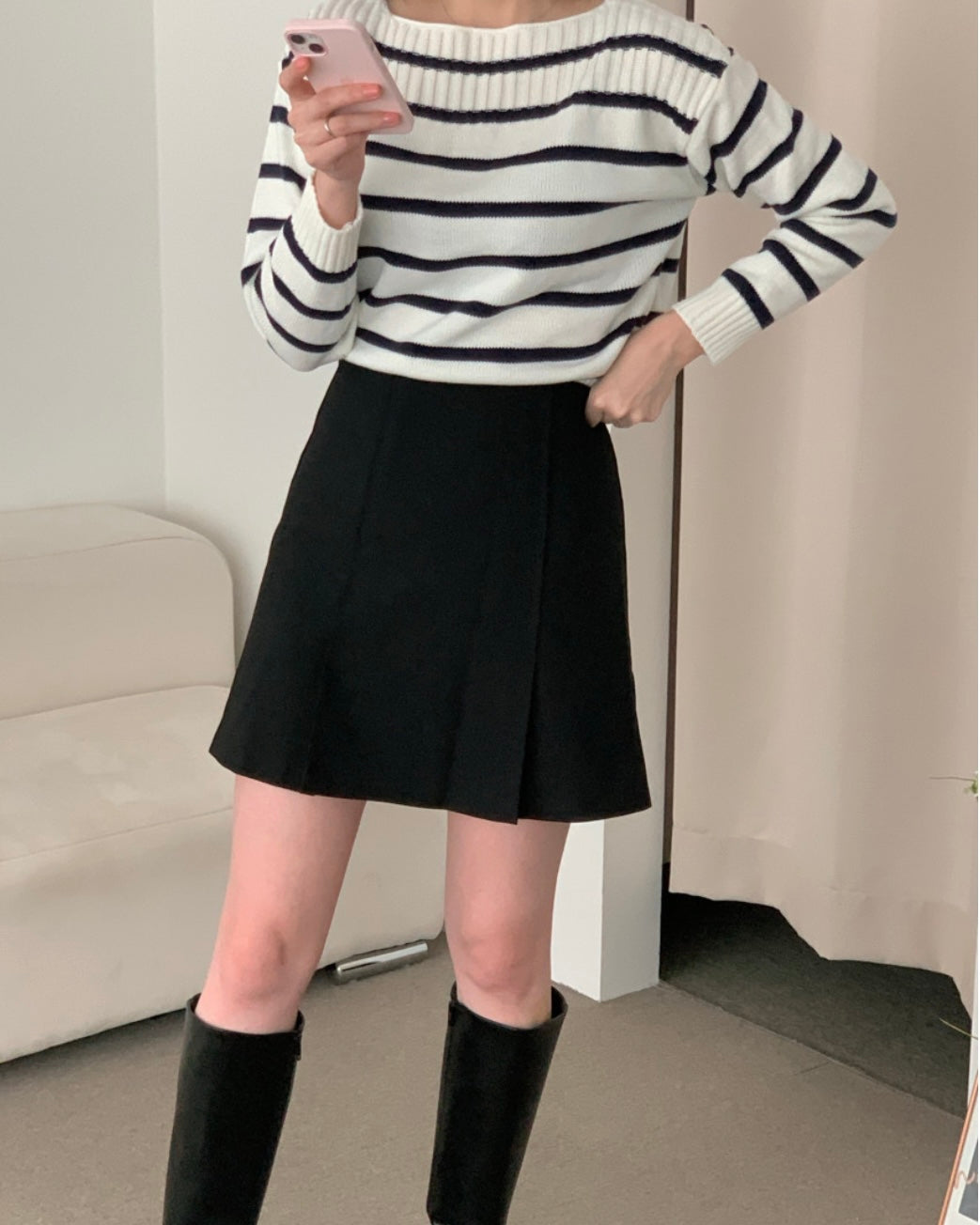 Striped Boat-neck Knit Top