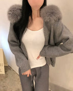 Fur Hoodie Knit Zip-Up