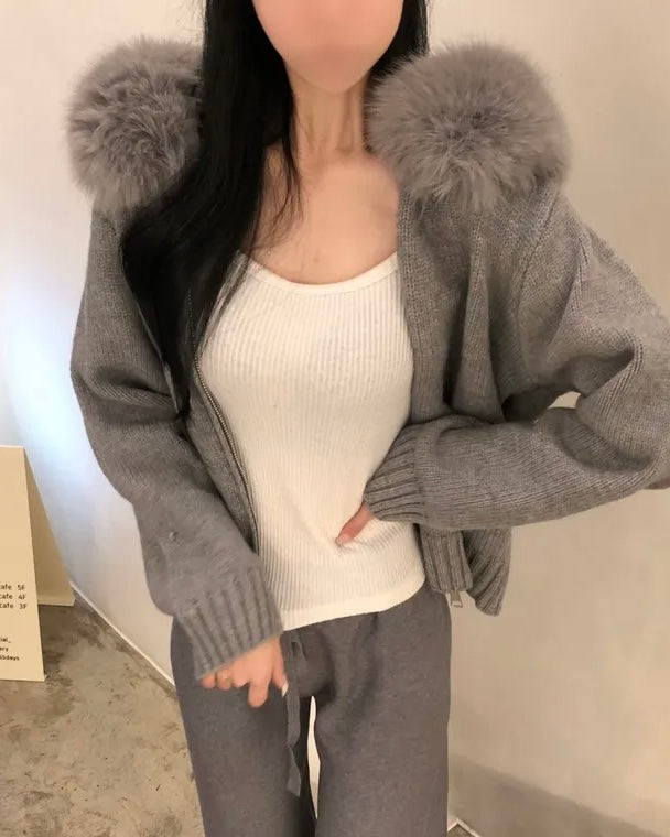 Fur Hoodie Knit Zip-Up