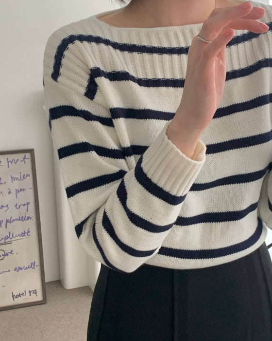 Striped Boat-neck Knit Top