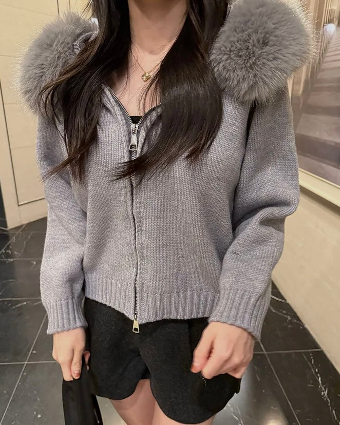 Fur Hoodie Knit Zip-Up