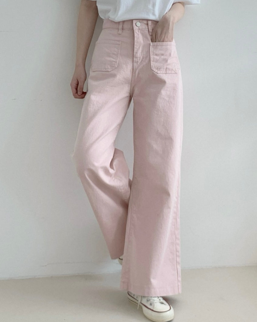 Pocket Back-Band Wide Cotton Pants