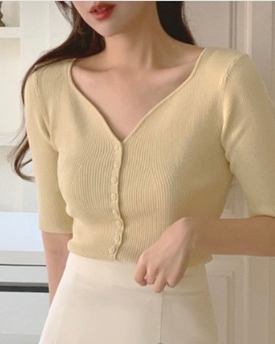 Heart-Neck Button Half-Sleeve Cardigan