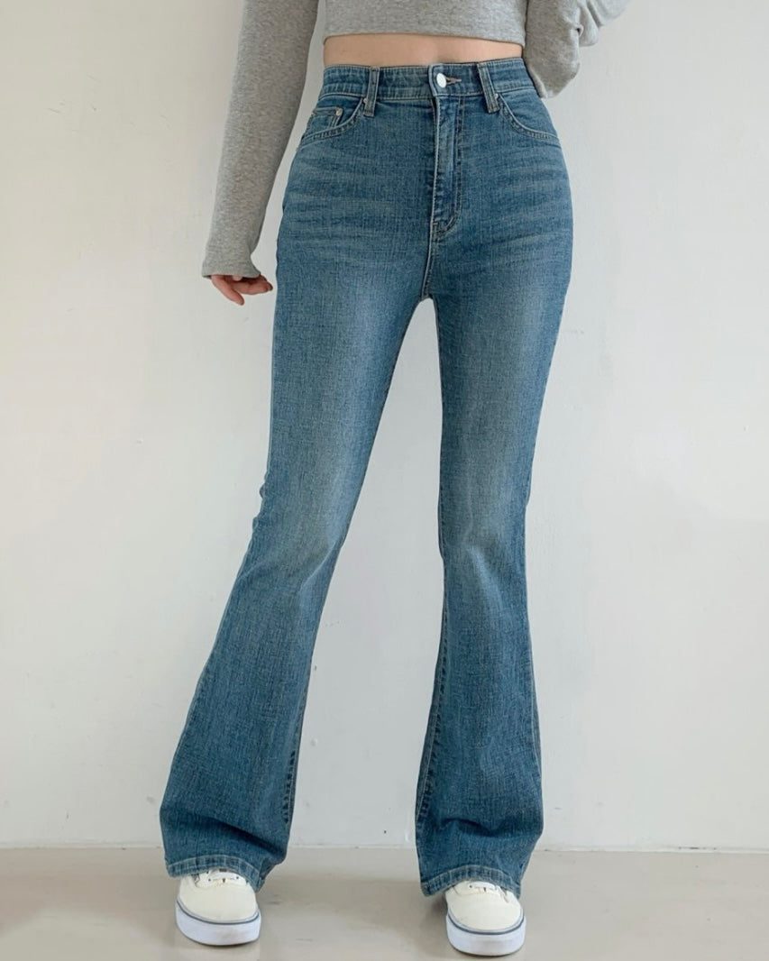 [S,M,L] Tunnel Waistband Stretchy Flared Denim Pants