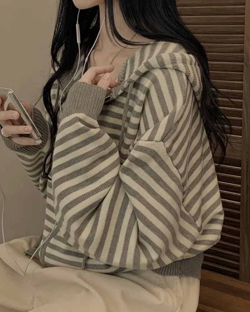 Peach Striped Hoodie Zip-Up