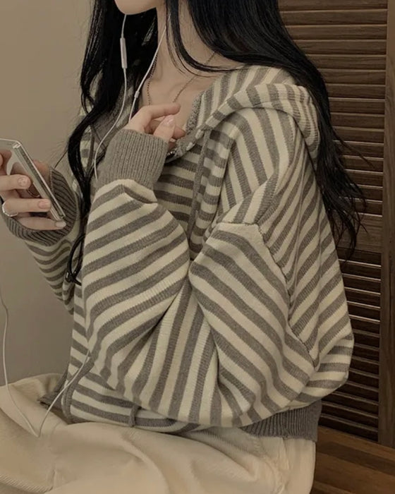 Peach Striped Hoodie Zip-Up