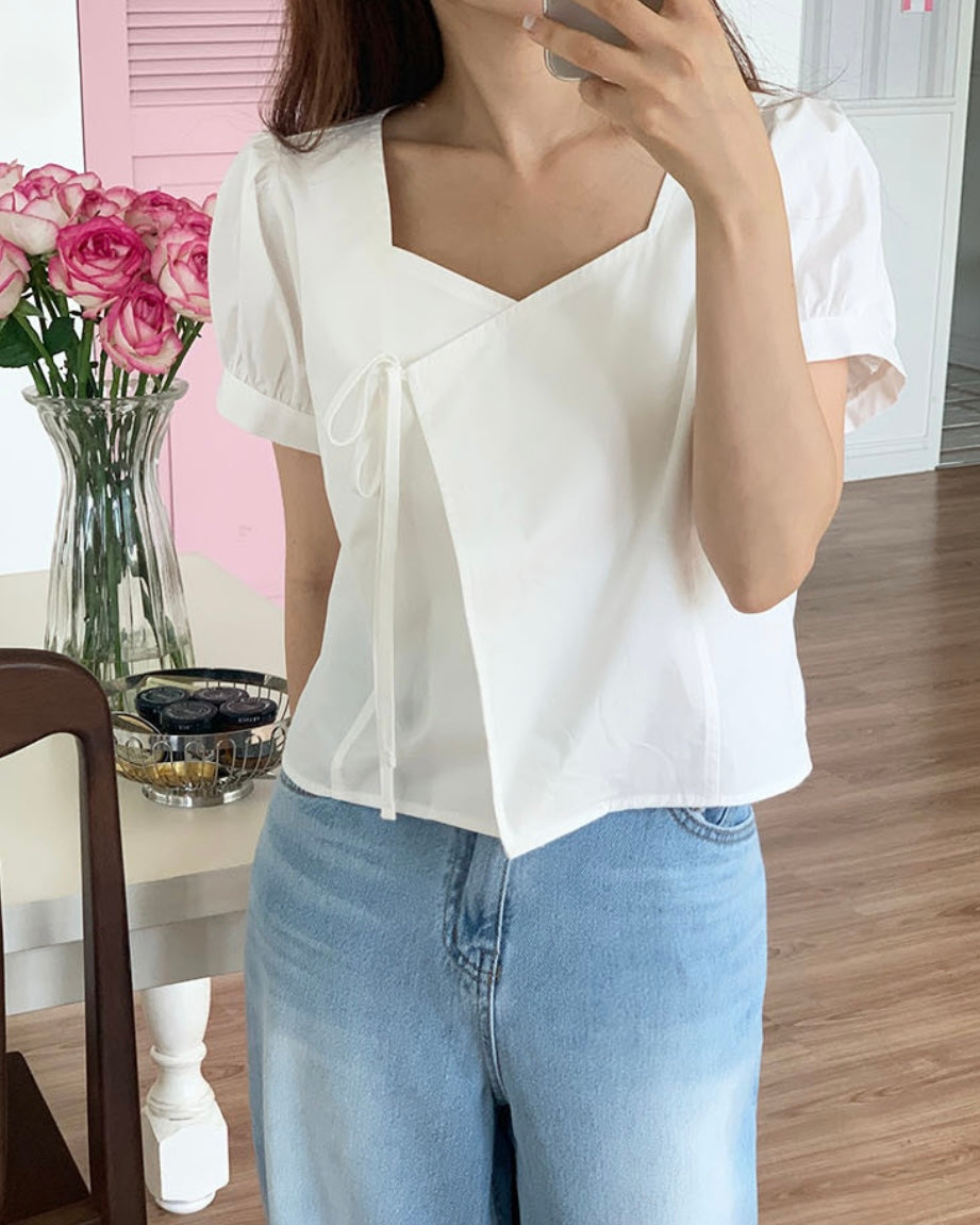 Heart-Neck Ribbon Cotton Blouse