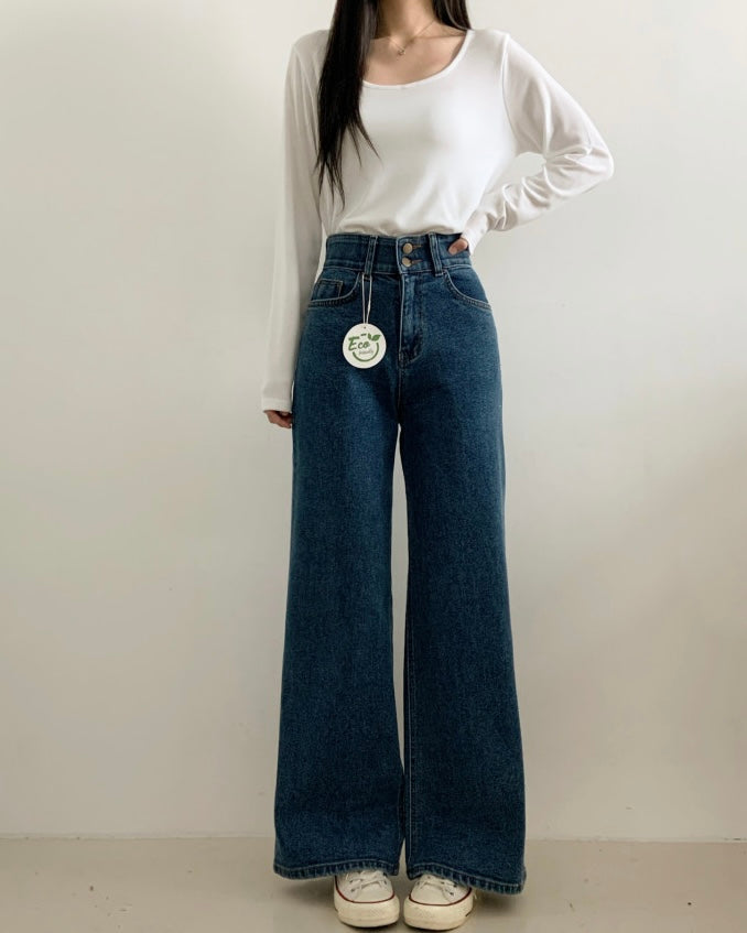 [S,M] Double Button Stretchy Wide denim Pants