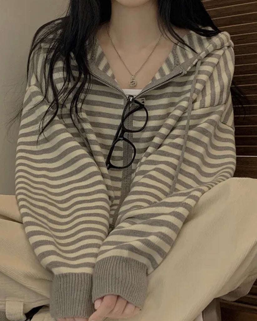 Peach Striped Hoodie Zip-Up