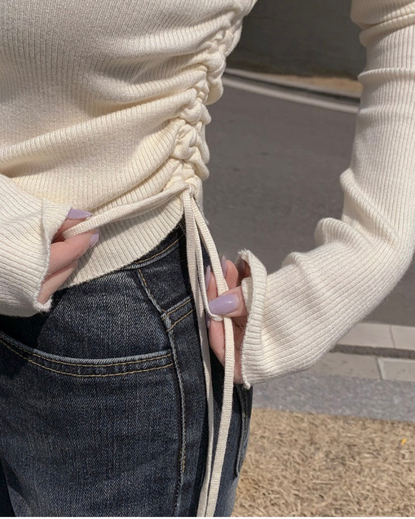 Ribbed Shirring V-Neck Top