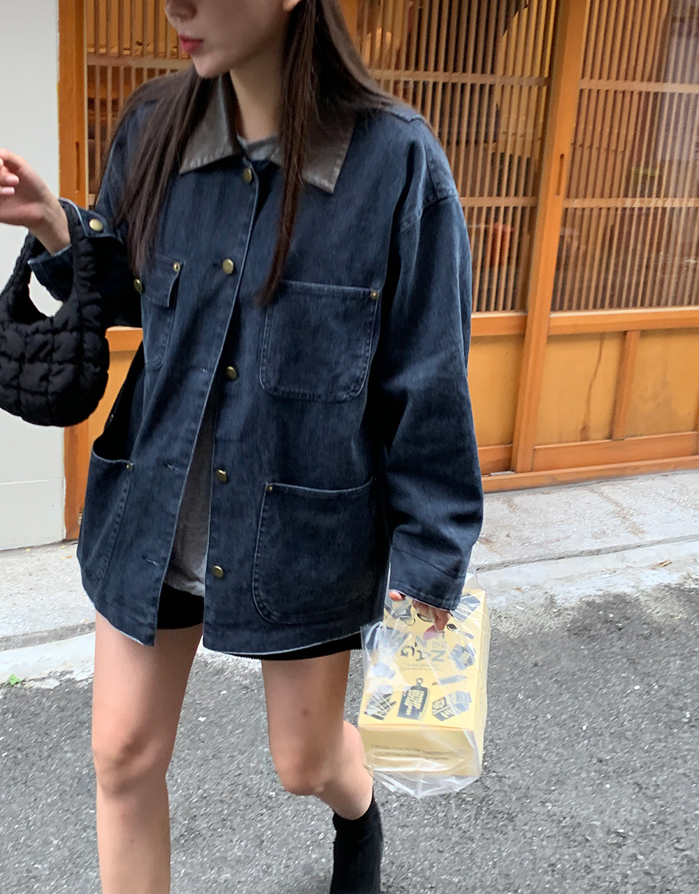 Leather Collar Denim Jacket