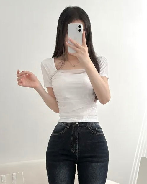 [ Sale Excluded ] Mesh Square-Neck Top