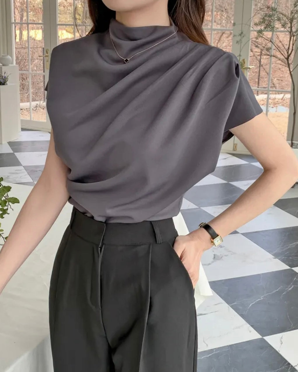 Shirring Half-Neck Top