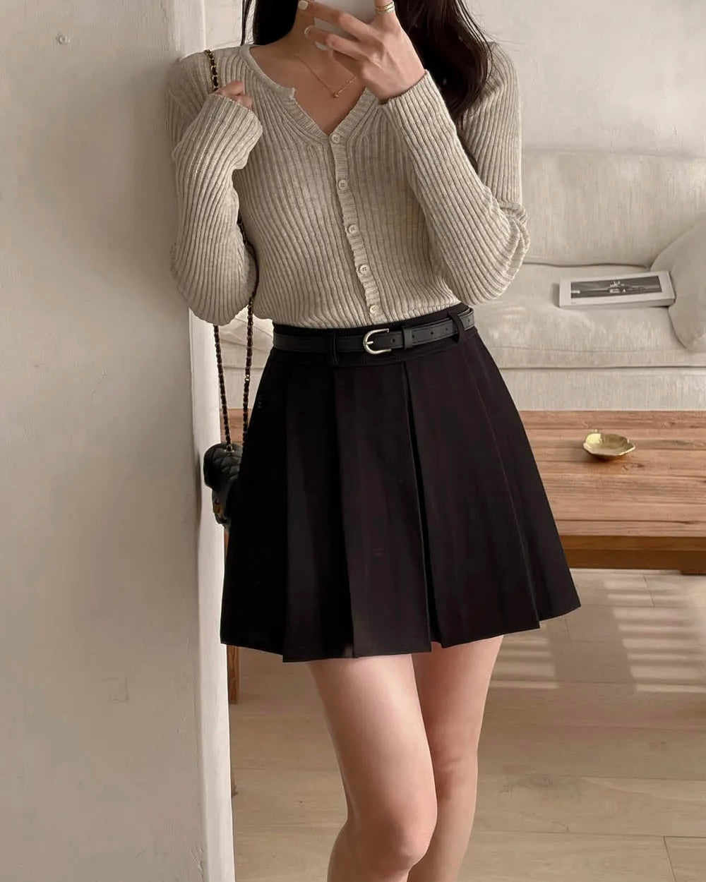 [S,M] A Pleats Belt Skirt Set