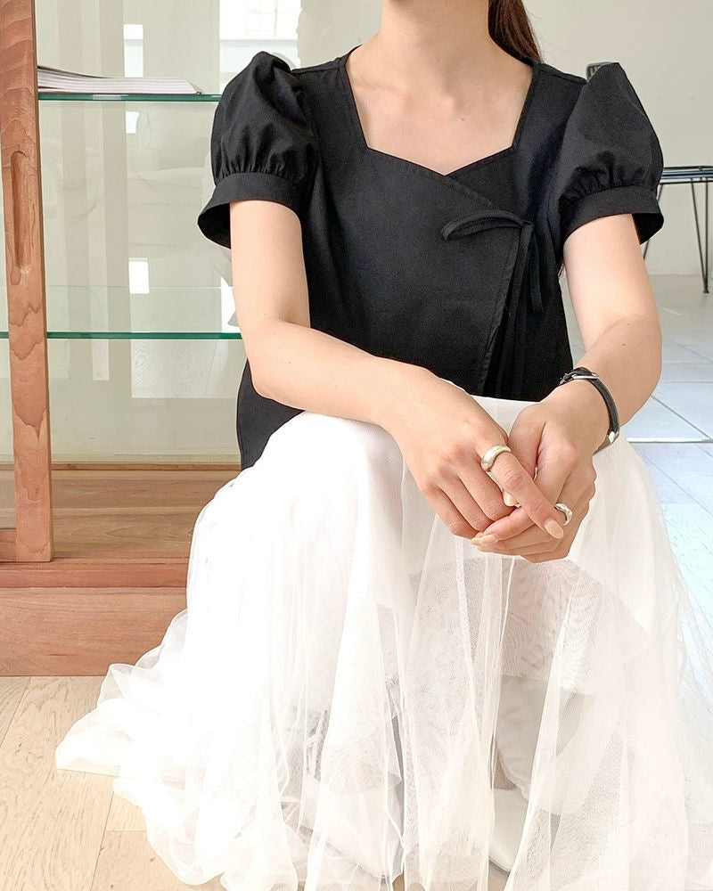Heart-Neck Ribbon Cotton Blouse