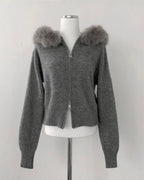 Fur Hoodie Knit Zip-Up