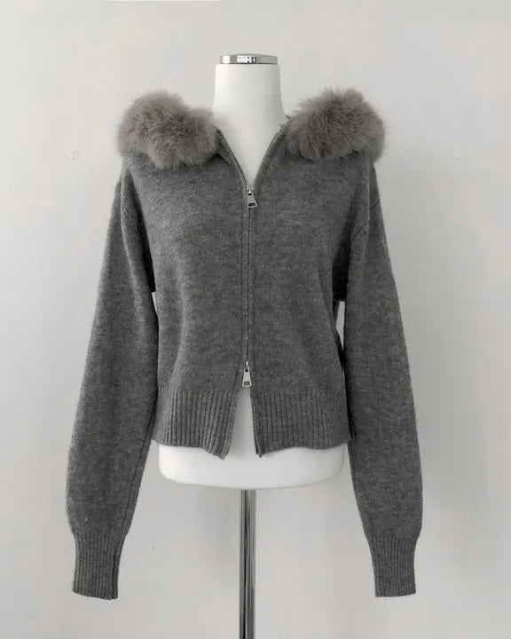 Fur Hoodie Knit Zip-Up
