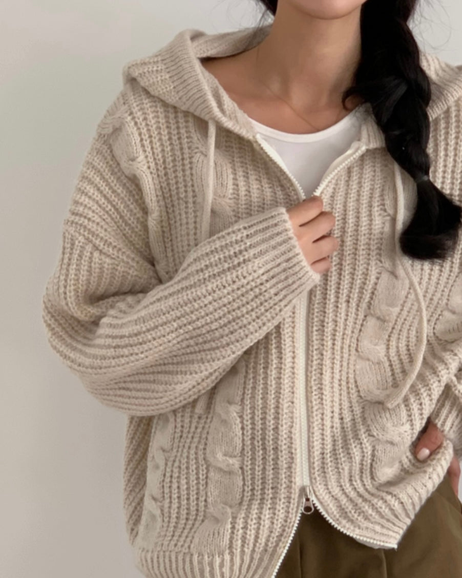 Hoodie Cable Knit Zip-Up