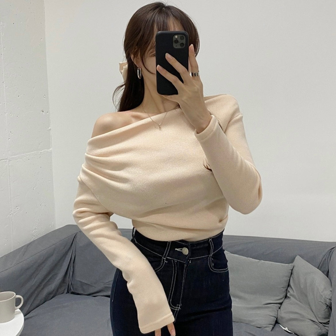 Shirring Off-Shoulder Long Sleeve