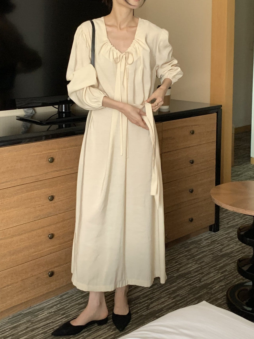 [ Pre-order ] Ribbon Shirring Long Dress