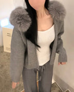 Fur Hoodie Knit Zip-Up